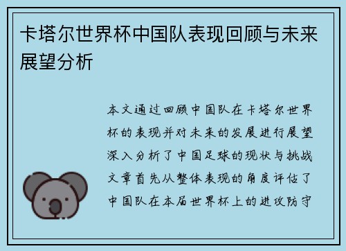 卡塔尔世界杯中国队表现回顾与未来展望分析